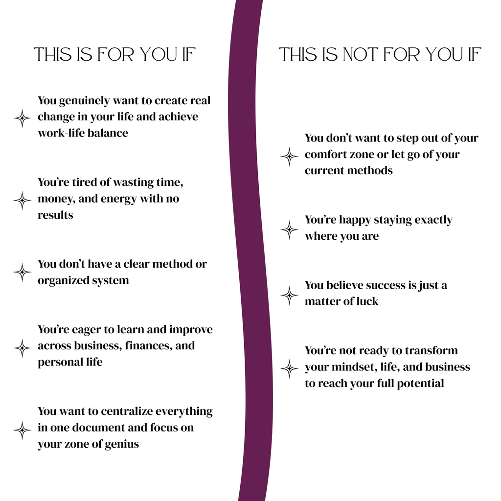 BF Planner mockup showing "This is for you if / This is not for you if" page explaining who the business, finance and personal development planner is designed for.
