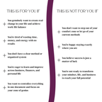 BF Planner mockup showing "This is for you if / This is not for you if" page explaining who the business, finance and personal development planner is designed for.