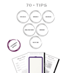 BF Planner benefits including tips, motivational quotes, and themes: finances, self care, organization, mindset, and business
