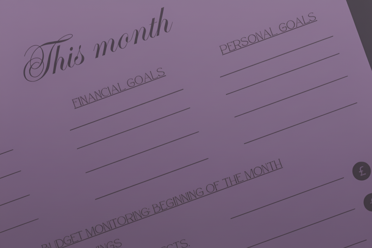 BF Planner interior page with purple smoke overlay, showing productivity layout, tips, quotes, and themes for business and work-life balance
