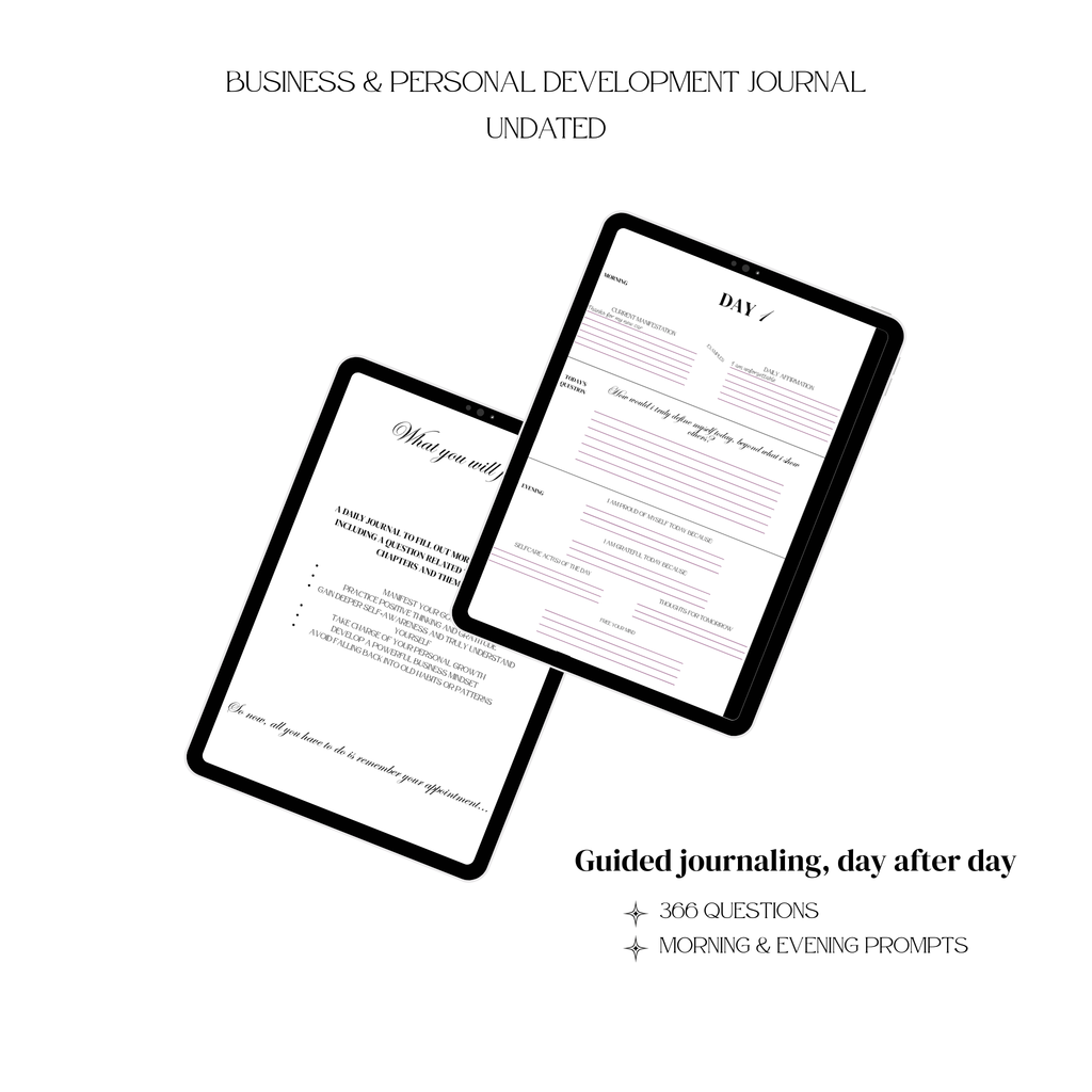 Side-by-side digital journal pages on tablets, showing an undated business and personal development journal with guided prompts for morning and evening reflection.