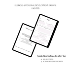 Side-by-side digital journal pages on tablets, showing an undated business and personal development journal with guided prompts for morning and evening reflection.