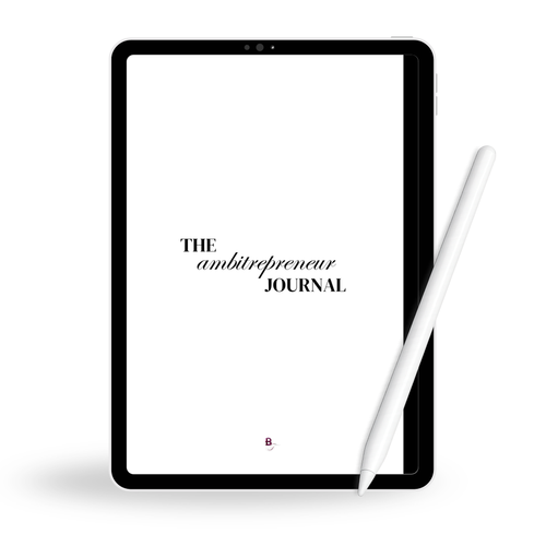 Digital journal cover shown on a tablet with a pen, representing the Ambitrepreneur journaling experience.