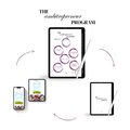 Ambitrepreneur Program bundle showing the undated planner, guided journal, and digital wallpapers for phone and tablet, with arrows highlighting all three digital products included in the complete system.