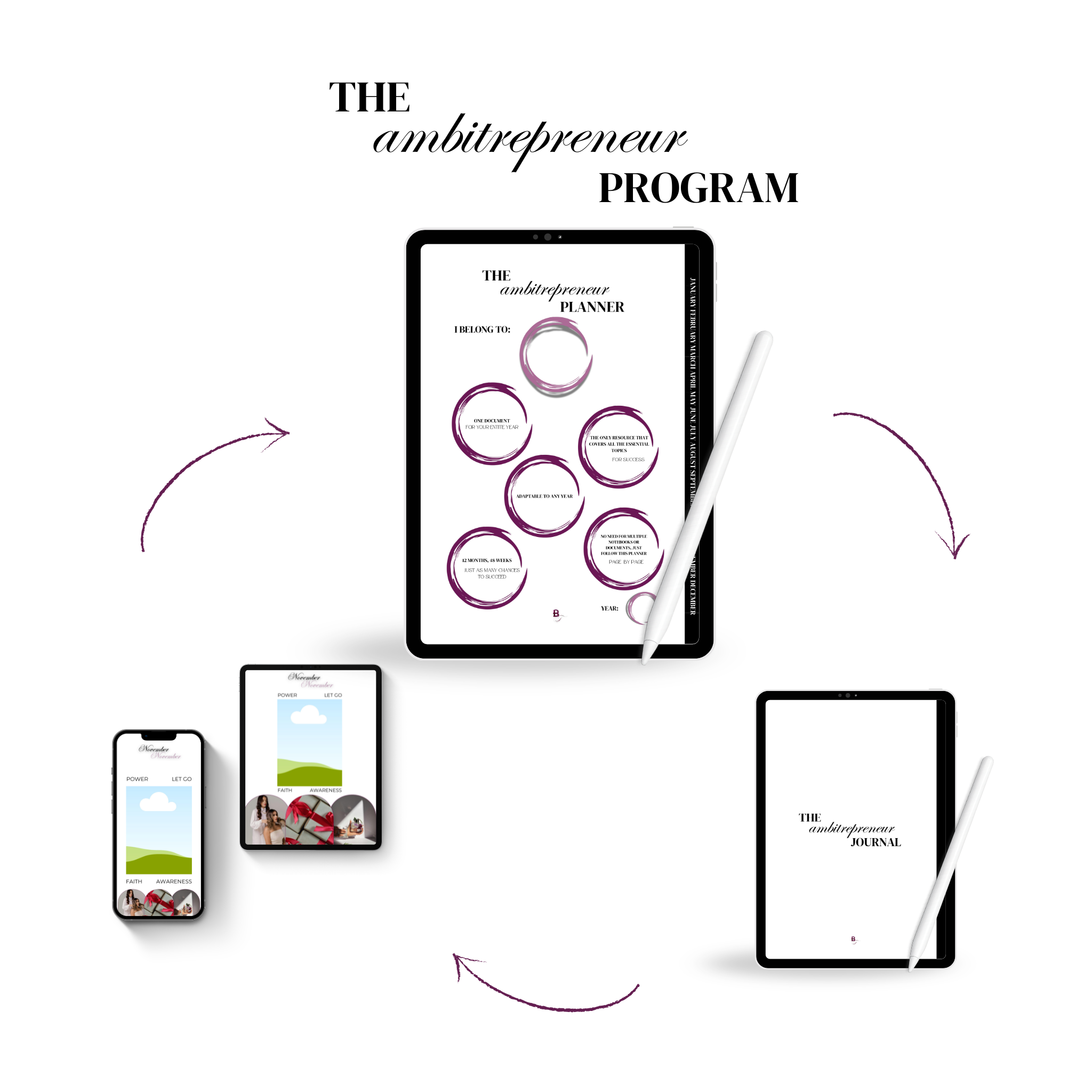 Ambitrepreneur Program bundle showing the undated planner, guided journal, and digital wallpapers for phone and tablet, with arrows highlighting all three digital products included in the complete system.