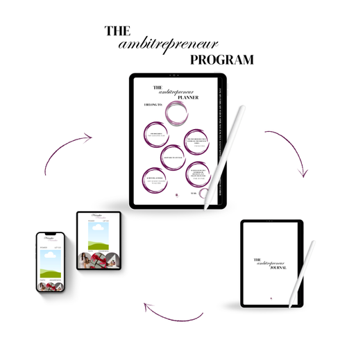 Ambitrepreneur Program bundle showing the undated planner, guided journal, and digital wallpapers for phone and tablet, with arrows highlighting all three digital products included in the complete system.