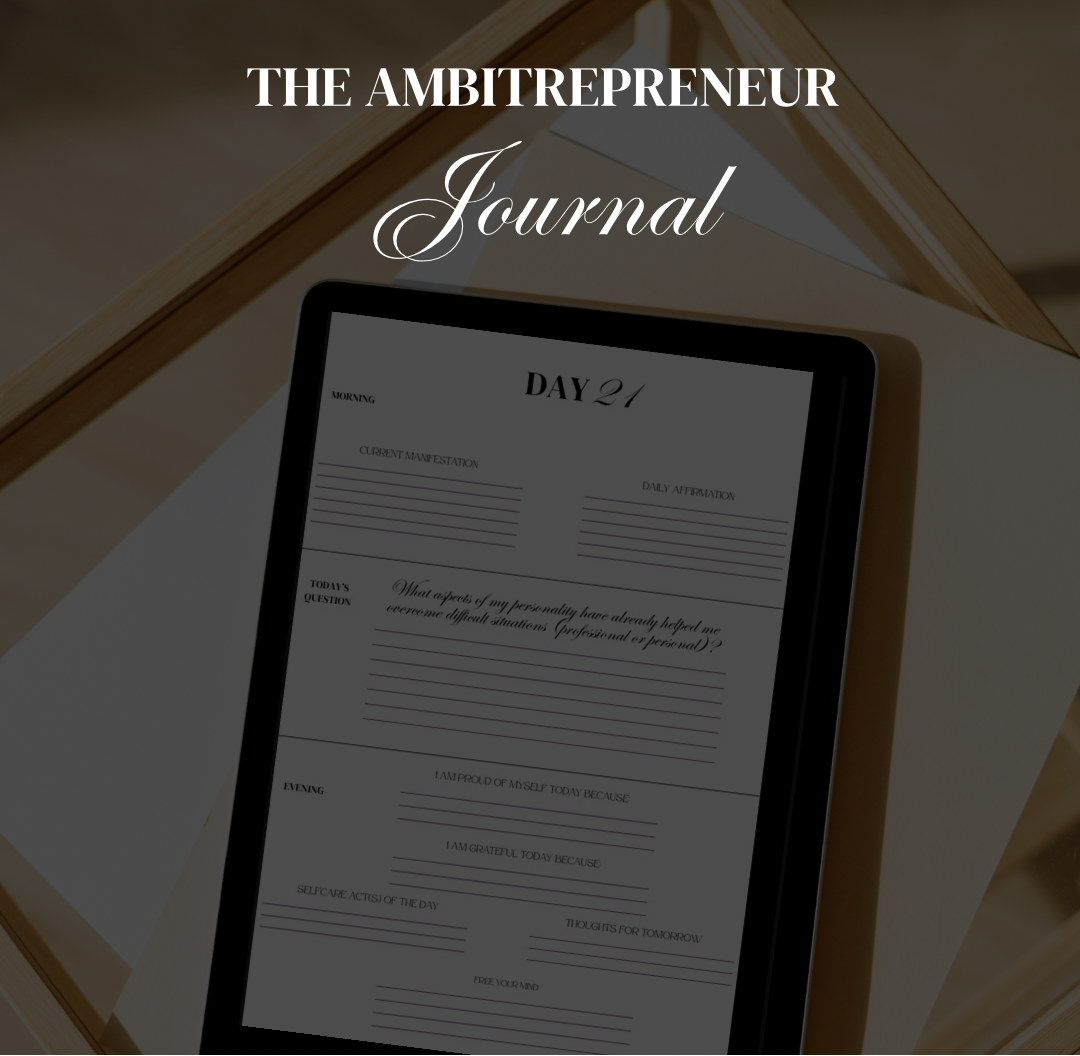 Digital journal by Business Fairy displayed on an iPad resting on a beige coffee table, featuring a minimalist digital journal for personal and business development. For ambitious women.