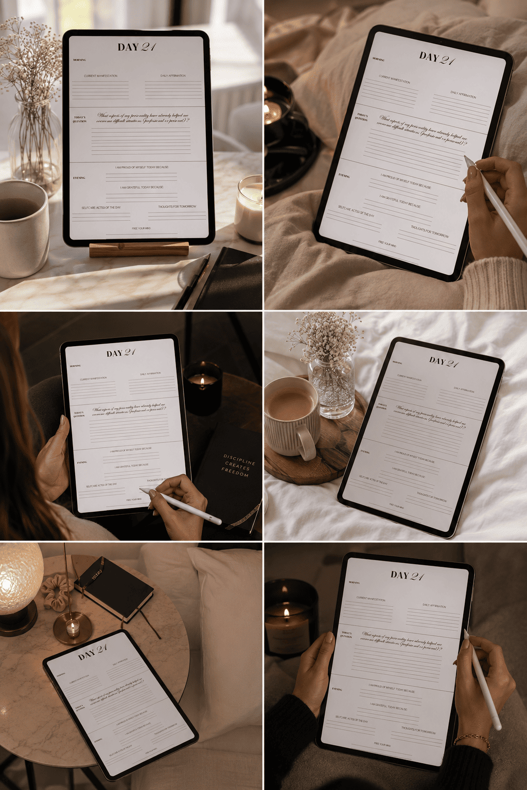Digital daily journal shown in morning and evening settings for personal growth and daily reflection