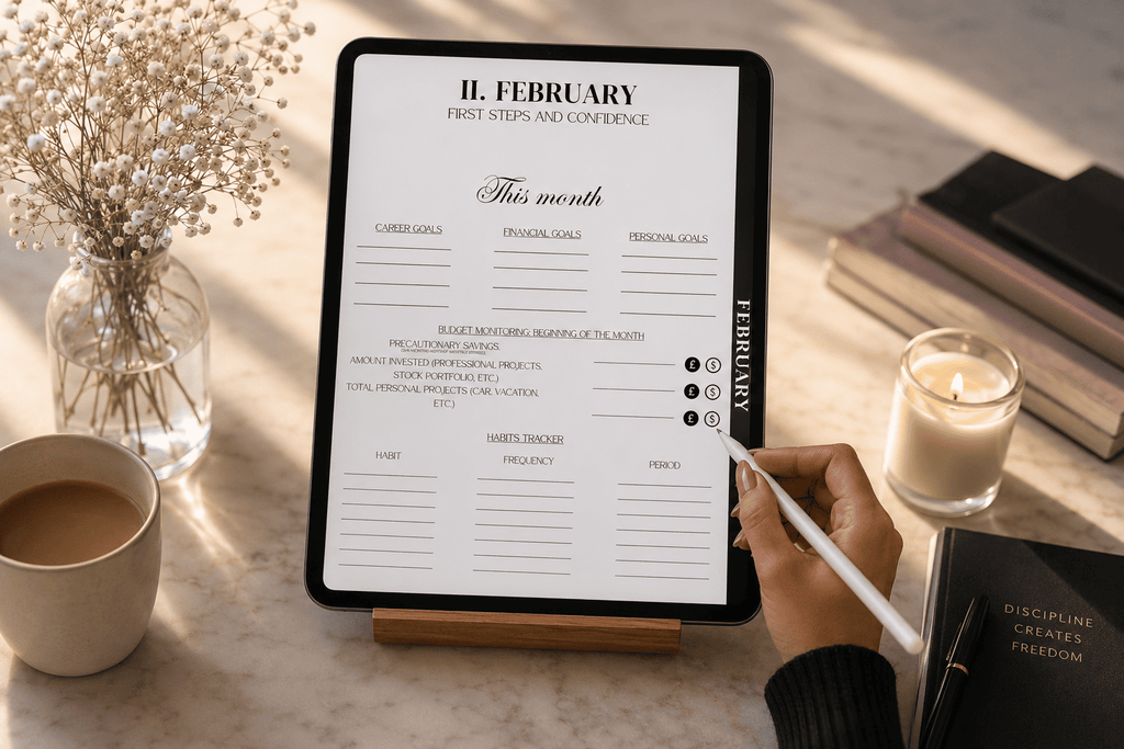 Woman using a digital planner on an iPad to organize her business and personal life