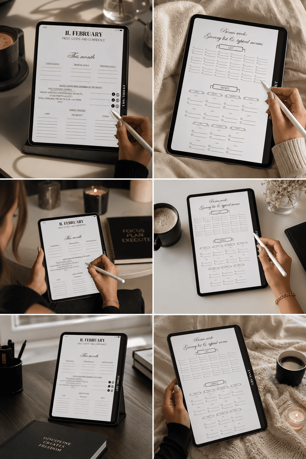 Digital planner shown in different daily settings for organizing business and personal life