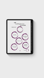 Tablet displaying a scrolling preview of the first pages of the Ambitrepreneur Planner, showcasing its structured layout and guided planning system.