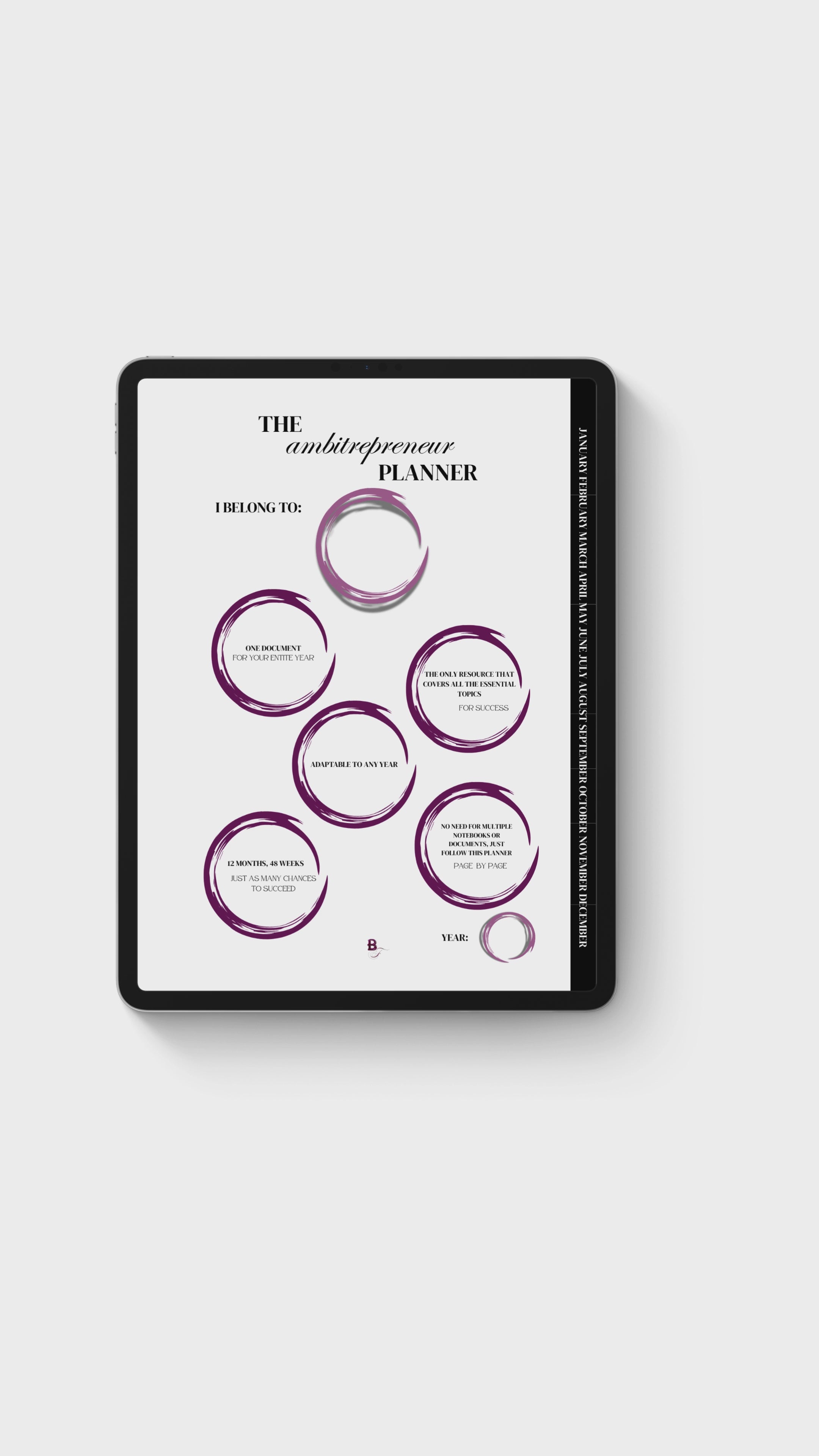 Tablet displaying a scrolling preview of the first pages of the Ambitrepreneur Planner, showcasing its structured layout and guided planning system.